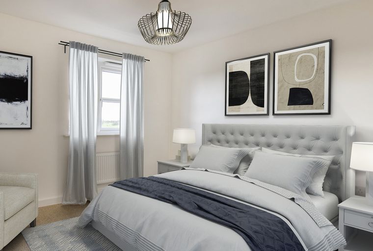A bedroom with a bed, headboard, artwork, and a window.