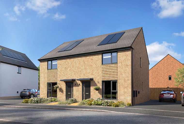 A pair of modern semi-detached houses with brick exteriors and solar panels on the roofs.