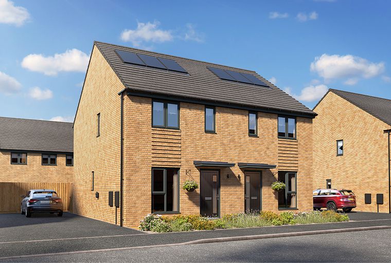A pair of modern semi-detached houses with brick exteriors, solar panels on the roof, and parked cars in the driveways.