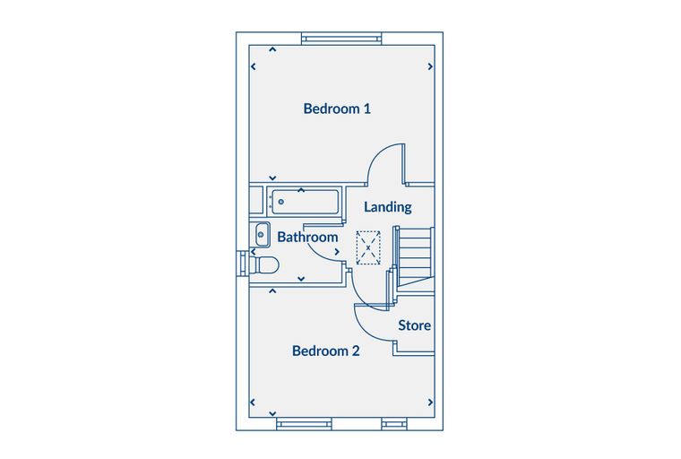 A floor plan showing two bedrooms, a bathroom, a landing, and a store room.