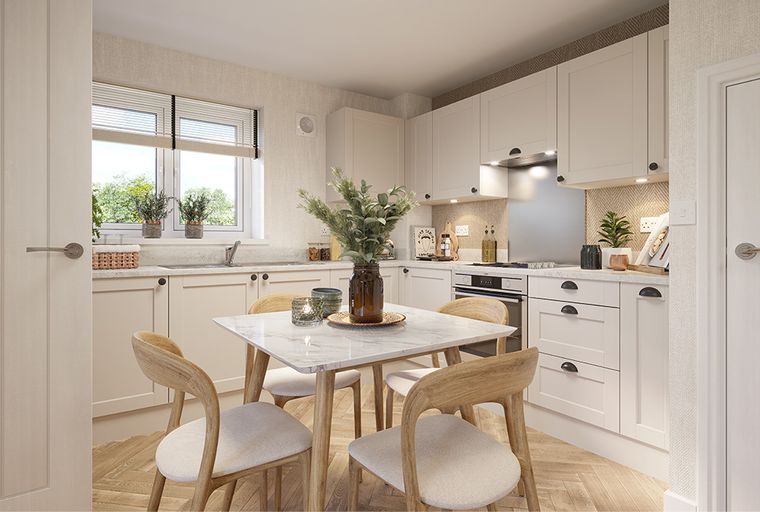 A kitchen with a dining table, chairs, cabinets, and a window.
