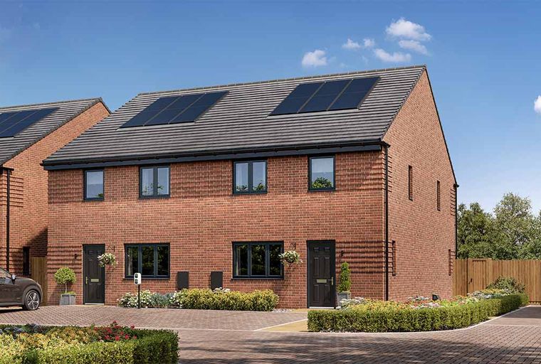A modern brick semi-detached house with solar panels on the roof, dark windows, and a paved driveway.