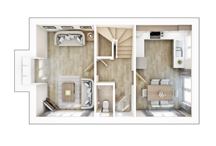 A floor plan of a house with a living room, kitchen, dining area, and bathroom.