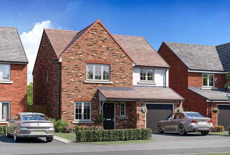 A modern brick house with two cars parked in the driveway.