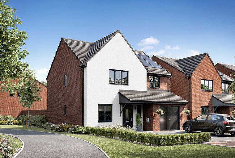 A modern two-story house with red brick and white rendered sections, featuring a driveway, garage, and garden.