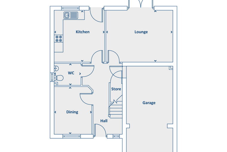 A floor plan showing a kitchen, lounge, dining room, WC, store, hall, and garage.