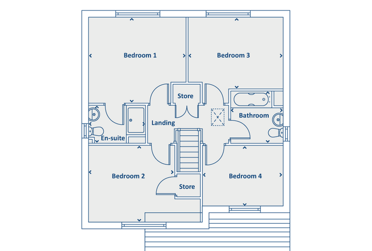 A floor plan of a house with four bedrooms, a landing, and a bathroom.