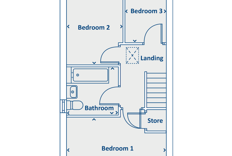 A floor plan of a house with three bedrooms, a bathroom, a landing, and a store.
