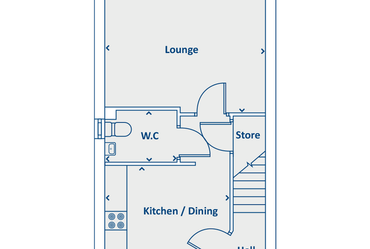 A floor plan showing a lounge, W.C., kitchen/dining area, store, hall, and stairs.
