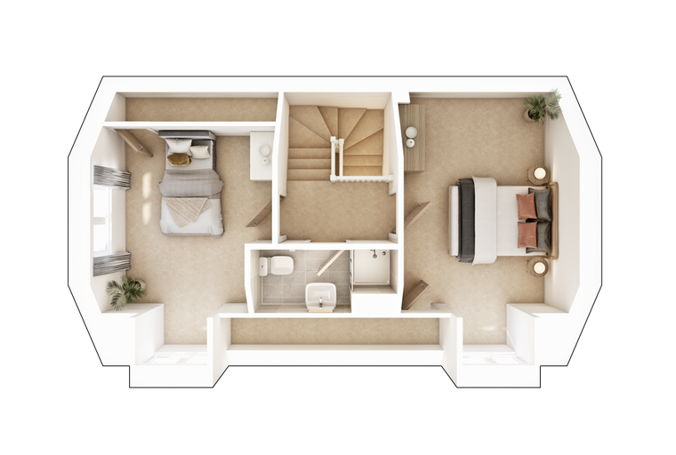 A floor plan of a two-bedroom apartment with a bathroom and a staircase.
