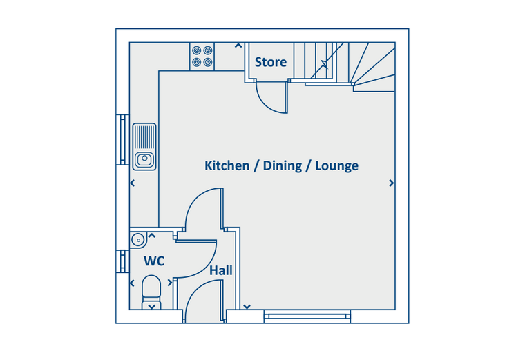 A floor plan of a house showing a kitchen, dining, lounge, hall, WC, store, and stairs.