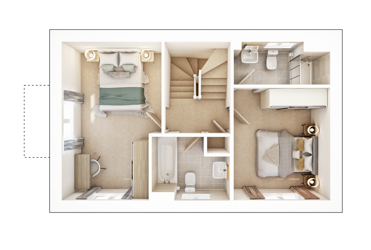 A floor plan of a house with two bedrooms, a bathroom, and a staircase.