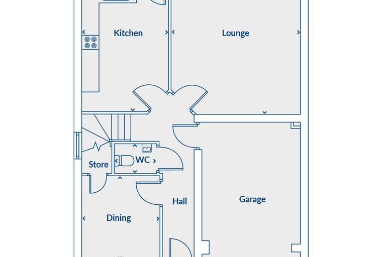 A floor plan showing a kitchen, lounge, dining room, store, WC, hall, and garage.