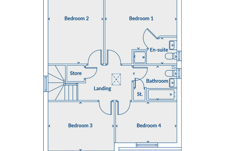 A floor plan of a house with four bedrooms, a landing, a store room, an en-suite, and a bathroom.