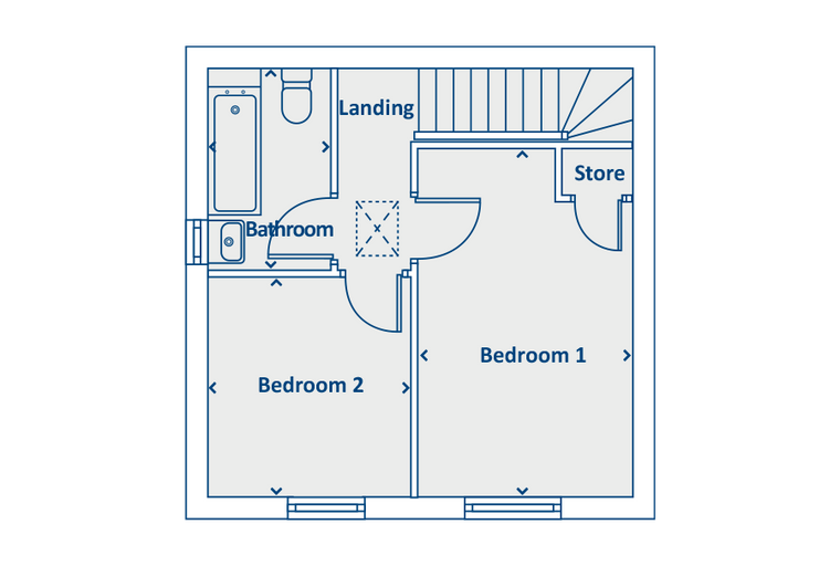 A floor plan of a house showing two bedrooms, a bathroom, a landing, and a store room.