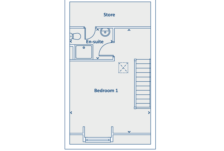 A floor plan showing Bedroom 1, an en-suite, a store, and stairs.