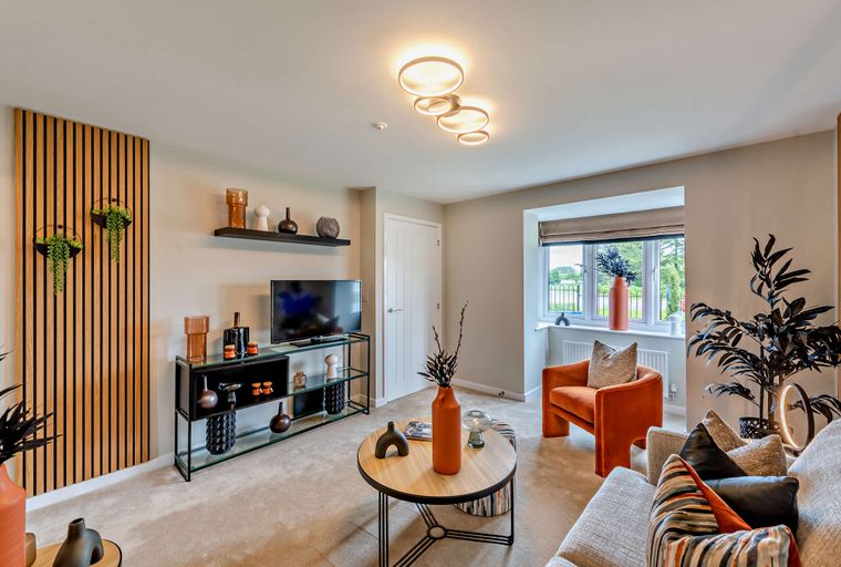 A living room with a TV, coffee table, armchair, and decorative elements.