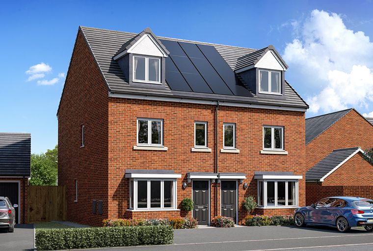 A modern brick semi-detached house with dormer windows and solar panels on the roof, parked cars, and a driveway.