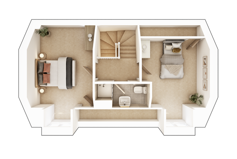 A floor plan of a house with two bedrooms, a bathroom, and a staircase.