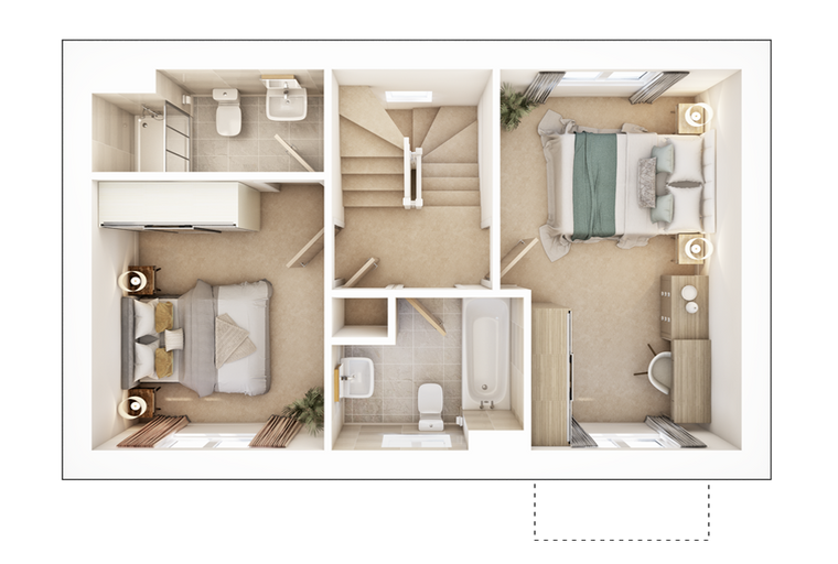 A floor plan of an upper level with two bedrooms and two bathrooms.