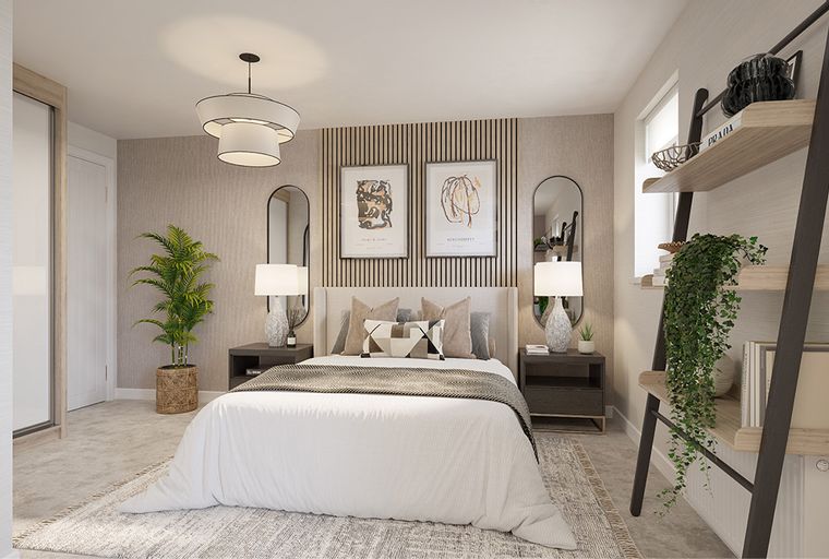 A bedroom with a bed, bedside tables, lamps, and artwork.