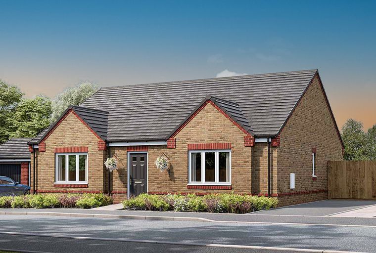 A brick bungalow with a dark front door, white-framed windows, and a grey tiled roof.