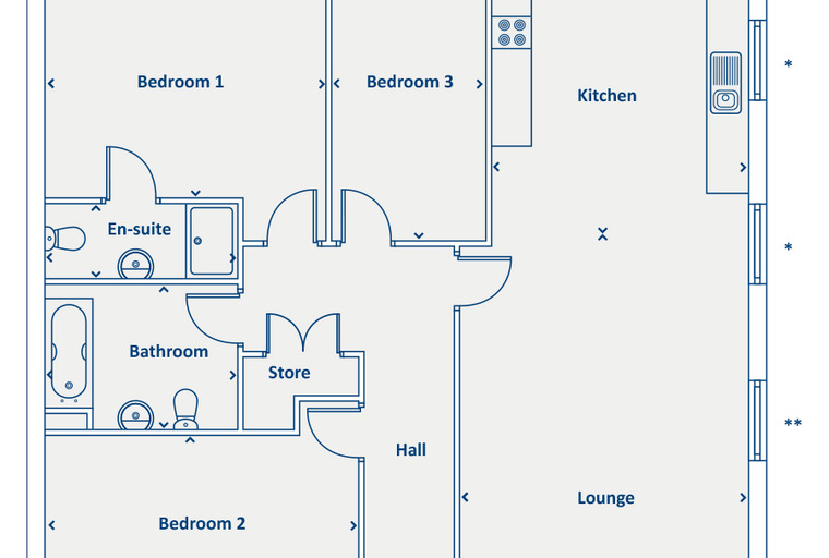 A floor plan of a 3-bedroom apartment with a lounge, kitchen, bathrooms, and store room.