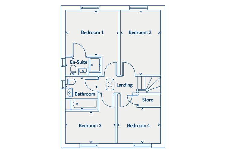 A floor plan of a house with four bedrooms, an en-suite, a bathroom, a landing, and a store.