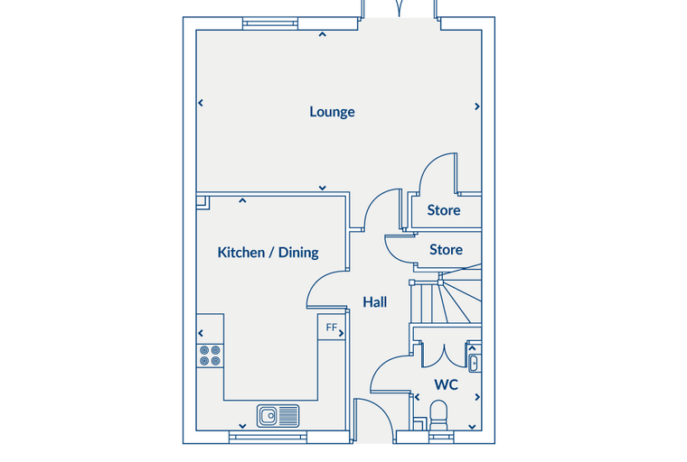 A floor plan showing a lounge, kitchen/dining area, hall, two stores, a WC, and stairs.