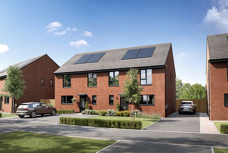 A row of modern brick houses with solar panels on the roof, parked cars, and green lawns.