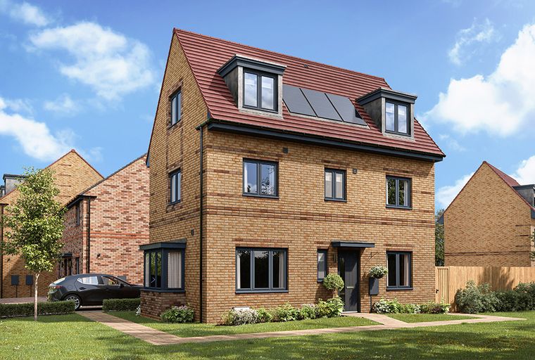 A brick house with a pitched roof, dormer windows, and solar panels.