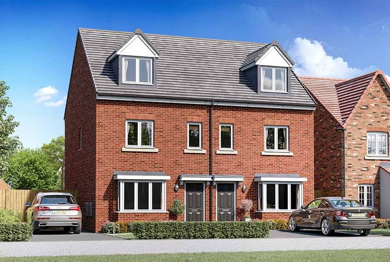 A red brick semi-detached house with dormer windows, bay windows, and parked cars in the driveway.