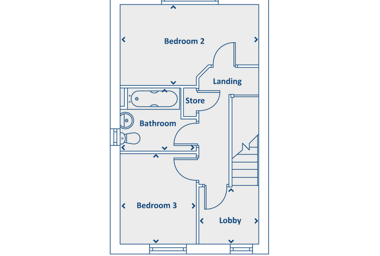A floor plan showing Bedroom 2, a bathroom, a store, a landing, Bedroom 3, and a lobby.