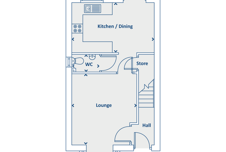 A floor plan of a house showing a lounge, kitchen/dining area, WC, store, and hall.
