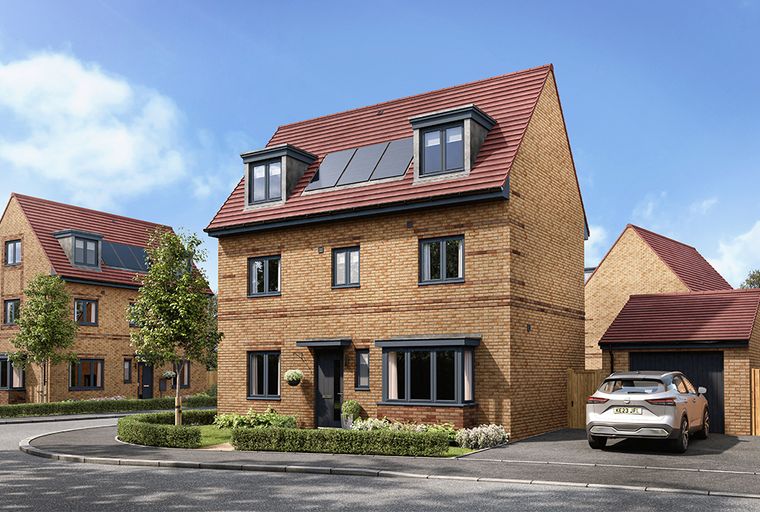 A row of modern brick houses with tile roofs and solar panels on a sunny day.