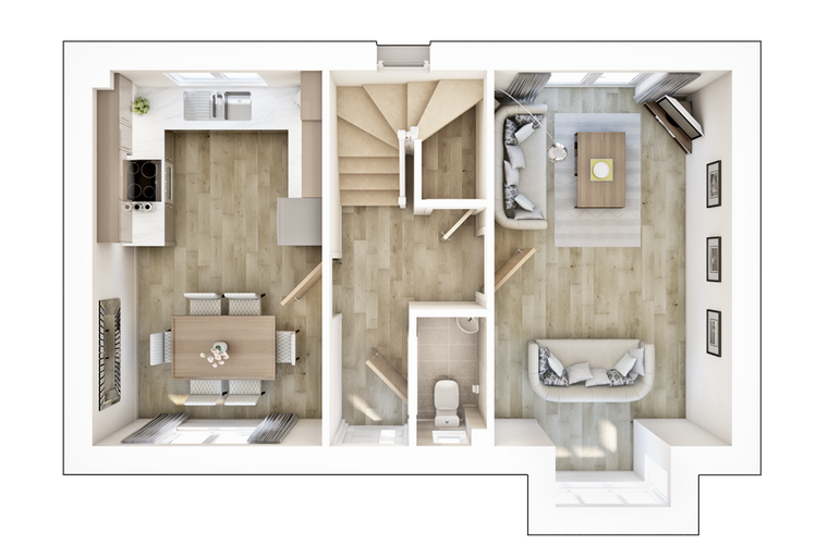 A floor plan of a house with a kitchen, dining area, living room, and a powder room.