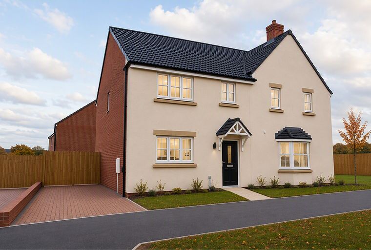 A modern house with a cream stucco exterior, dark tiled roof, and a paved driveway.