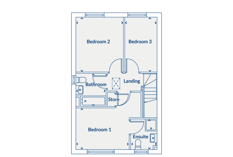 A floor plan of a house showing three bedrooms, a landing, a bathroom, a store, and an en-suite.