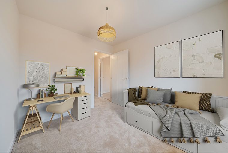 A bedroom with a desk, a chair, a daybed, and two pieces of art on the wall.