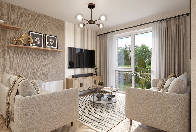 A living room with two sofas, a coffee table, and a TV.