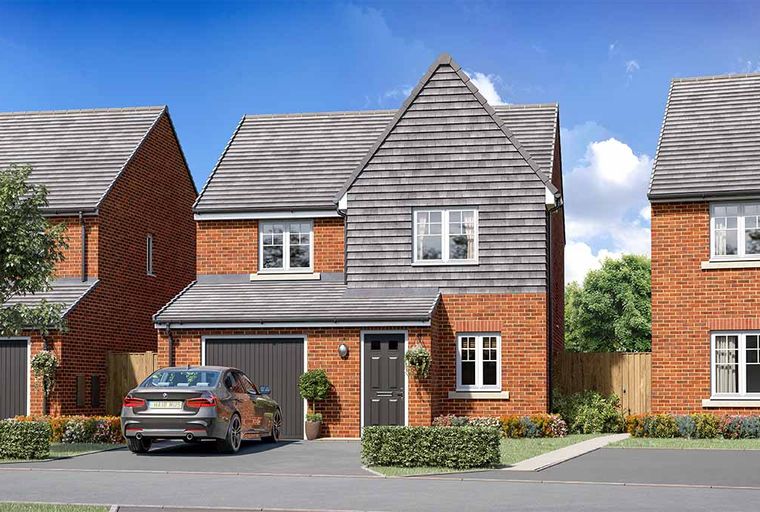 A modern brick house with a grey roof and a car in the driveway.