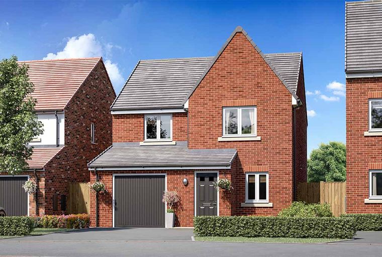 A red brick house with a grey garage door and a dark grey front door.