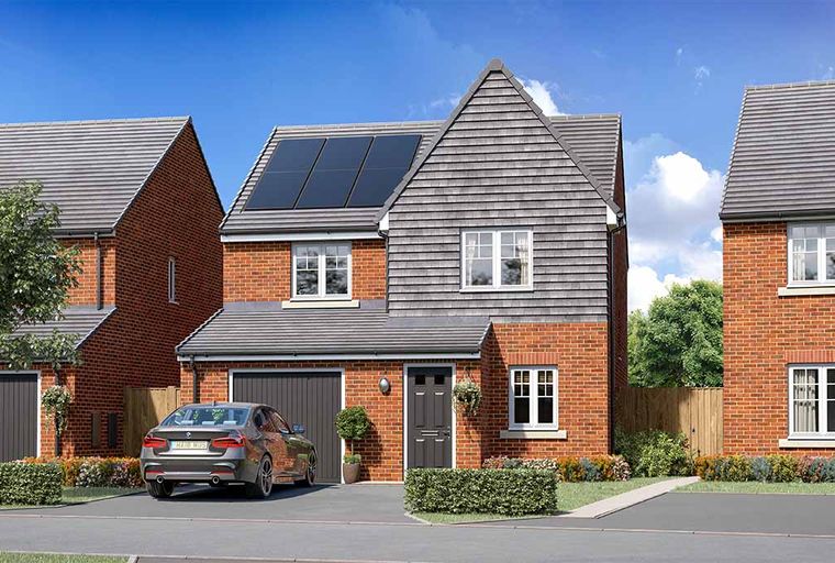 A modern brick house with solar panels on the roof, a garage, and a car parked in the driveway.