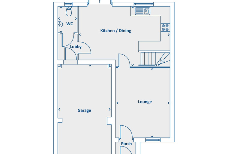 A floor plan of a house showing a garage, lounge, kitchen/dining area, lobby, WC, and porch.