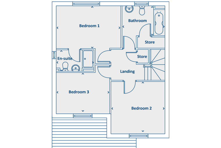 A floor plan of a house with three bedrooms, a landing, and bathrooms.