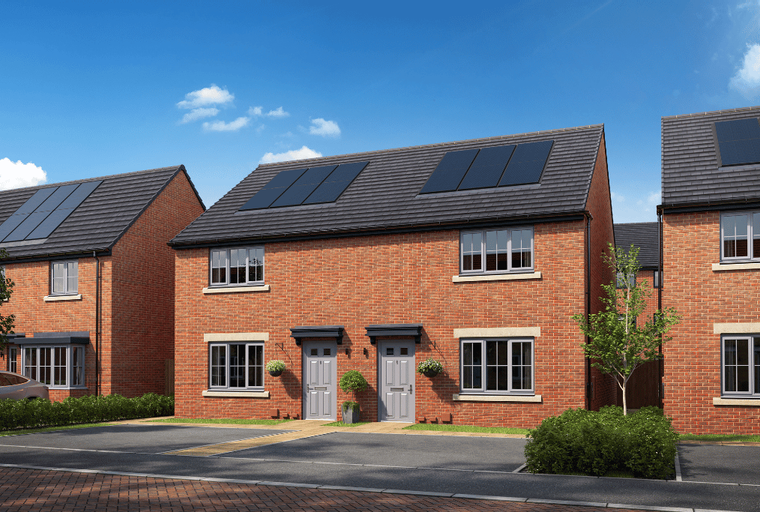 A row of modern brick houses with solar panels on the roof and grey doors.