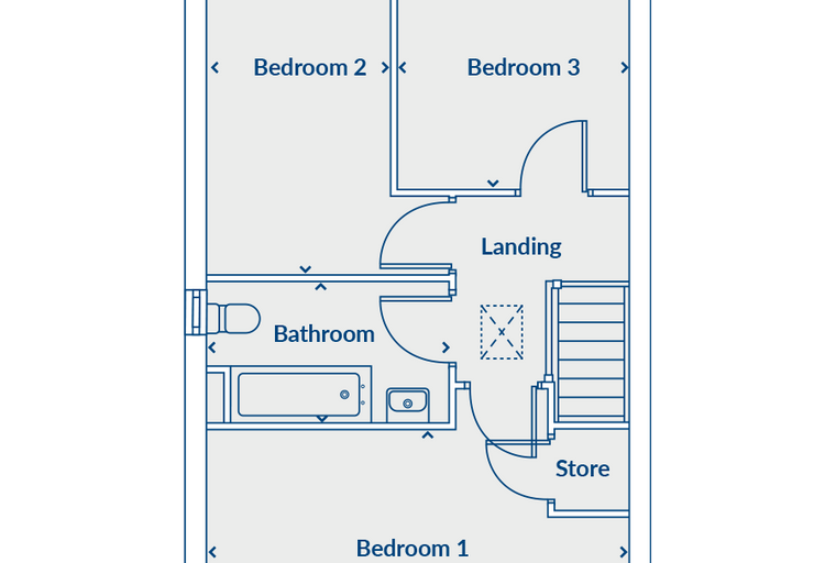 A floor plan of a house with three bedrooms, a bathroom, a landing, and a store.