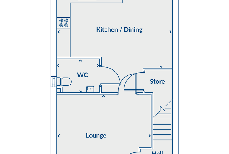A floor plan of a house showing a lounge, WC, kitchen/dining area, store, and hall.
