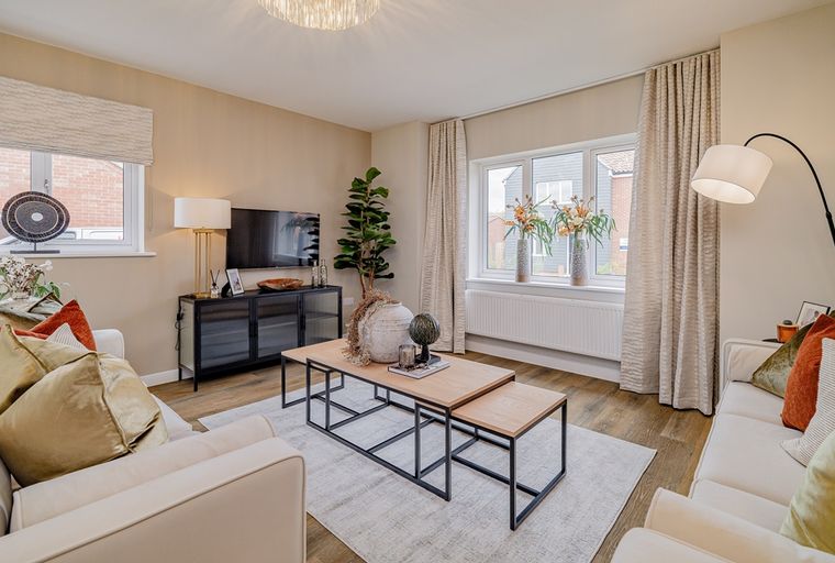 A living room with a TV, media console, coffee table, and sofa.