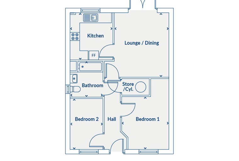 A floor plan of a home with a kitchen, lounge/dining area, bathroom, two bedrooms, and a store/cylinder room.